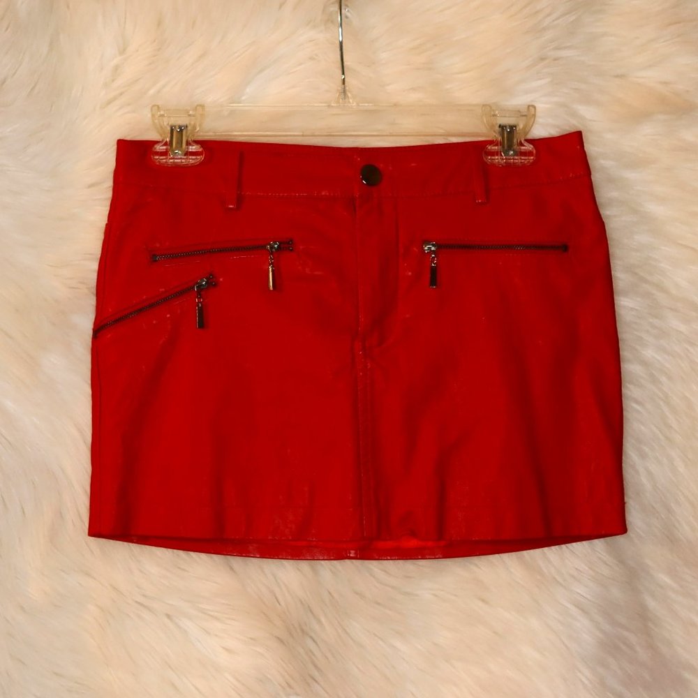 SOLD—-Red Faux Leather Mini Skirt